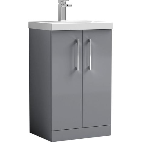 Balterley  Contemporary Bathroom 2 Soft Close Door & Thin-Edge Floor Standing Vanity Unit Basin, Satin Grey, 500mm