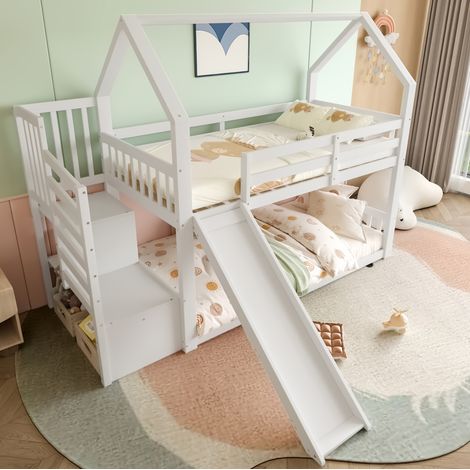 MEUBLIV Cama alta 90x200 cm blanca – con tobogán y almacenamiento, sin colchón (1/5)