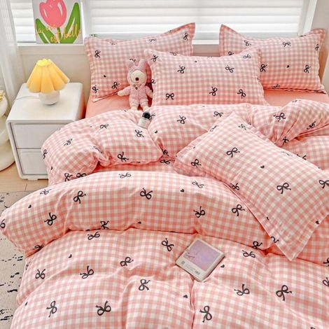 Bettwäsche 155x220 cm Rosa Karo mit Herzen und Schleifen, Mikrofaser, OEKO-TEX zertifiziert