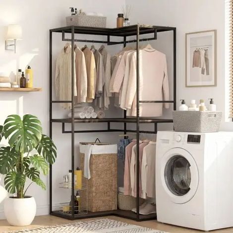 Portant à vêtements d'angle en métal 100 x 100 x 200 cm avec 3 étagères et 2 barres de penderie pour chambre, entrée et couloir (1/5)
