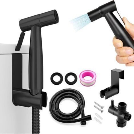 Pulvérisateur de bidet, pulvérisateur portatif en acier inoxydable, montage mural ou sur toilettes pour le nettoyage des toilettes, le bain des animaux et l'hygiène personnelle (noir) (1/4)