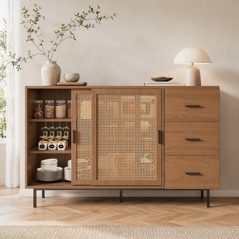 Sideboard mit Schiebetüren und 3 Schubladen, 140x37x91 cm, Rattantüren, Holzwerkstoff, Natural (1/5)