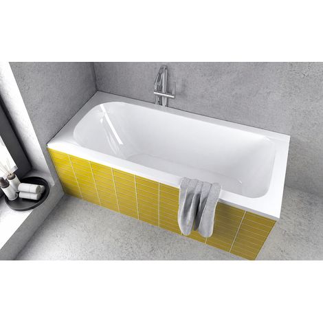 ECOLAM Badewanne Wanne 150x70 cm Rechteck Continea Acryl weiß + Styroporverkleidung Ablaufgarnitur Ab- und Überlauf Automatik Füße Silikon Komplett-Set