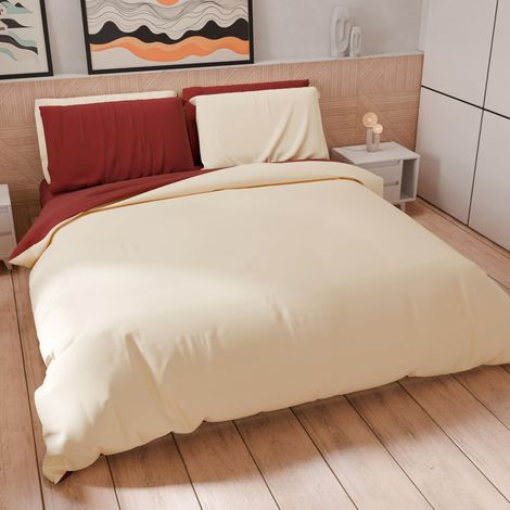 Set Housse de Couette 160x200 cm 1 Taie d'oreiller 50x80 cm Incluse, Parure de Lit Microfibre 1 Personne Douce Creme Bordeaux (1/5)