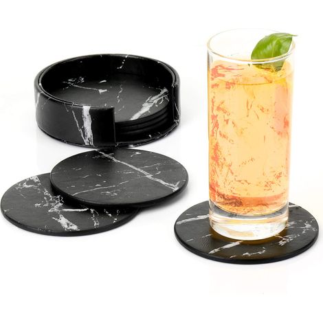 MINKUROW - Posavasos De Piel Premium Con Soporte, Juego De 6 Posavasos De Negocios Para Bar, Oficina, Hogar, Mármol (Negro) (1/5)