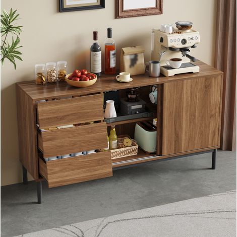 Buffet OKMYHOME à 3 tiroirs et 2 portes coulissantes, MDF aspect noyer, 150 x 40 x 80 cm (1/5)