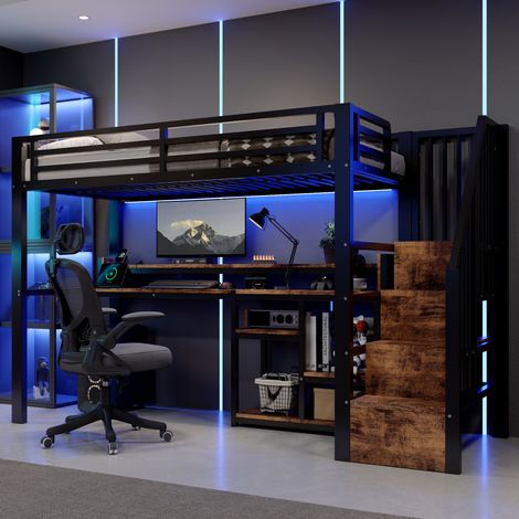 Litera 90 x 200 cm con escritorio, almacenaje, USB + Type-C, LED, negro HAVRYA (1/5)