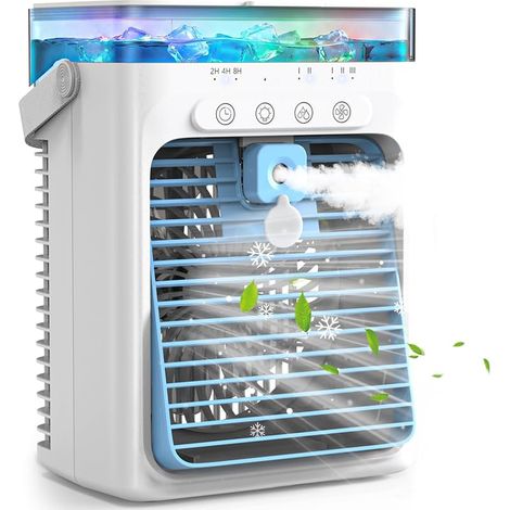 Climatiseur Mobile 4 en 1, Mini Climatiseur Portable sans Évacuation, Ventilateur Climatiseur USB, 3 Vitesses, 2 Modes Brumisation, Réservoir 1000ML, Minuterie 2/4/8H, Silencieux pour Chambre Voiture (1/5)