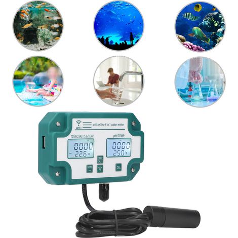 Testeur de qualité d'eau intelligent en ligne 6 V CC avec Wi-Fi : testeur multiparamètres 6 en 1 (pH/TDS/EC/SG/Salinité/Température)  contrôle et visualisation via une application mobile. (Norme améri (1/5)