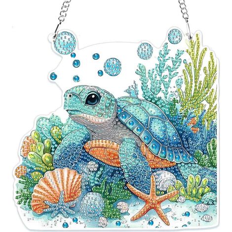 5D Schildkröte Diamond Painting Anhänger mit Kette, Fensterbild zum Aufhängen