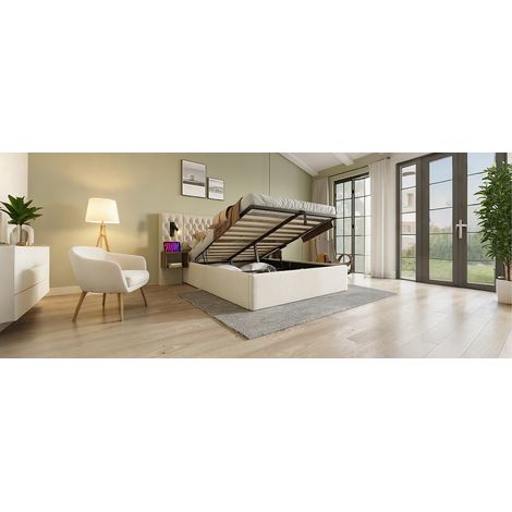 Cama doble 180x200 cm de terciopelo beige con almacenaje hidráulico, sin colchón – MEUBLIV (1/5)