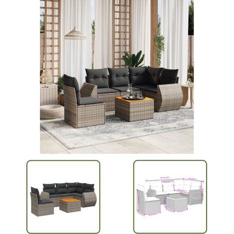 The Living Store Salon de jardin 6 pcs avec coussins gris résine tressée - Ensemble Salon De Jardin - Meuble Extérieur - Résine Tressée - Rotin Synthétique - Acacia (1/3)