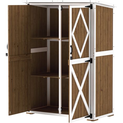 Abri de jardin en bois de sapin avec 2 étagères et 2 portes, 116,5 x 57 x 159/167 cm, marron et blanc