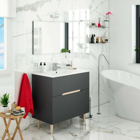 Meuble sous-Vasque, Meuble de Salle de Bain avec Miroir, Lavabo Non Inclus, 80x45h80 cm, Anthracite et Chêne (1/5)
