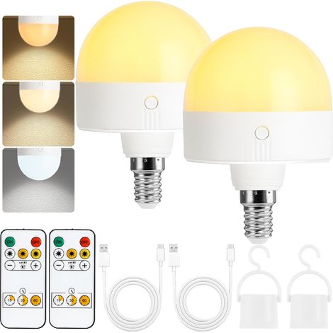 Lot de 2 ampoules rechargeables avec minuterie et télécommande, ampoule à piles à intensité variable, E14, 3 températures de couleur (1/5)