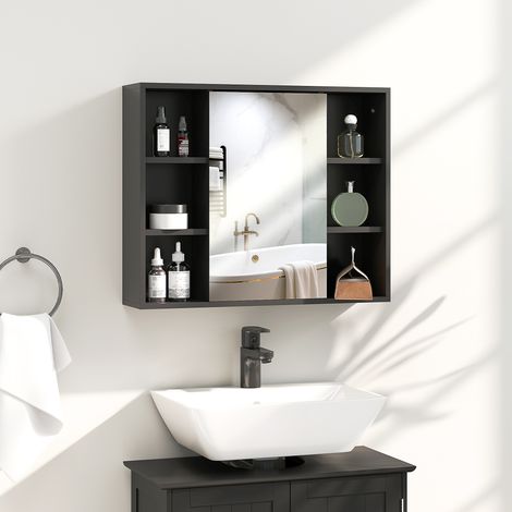 Armoire de salle de bain noire 60x14,5x49,4 cm avec miroir, porte de placard et 6 étagères ouvertes pour rangement (1/5)