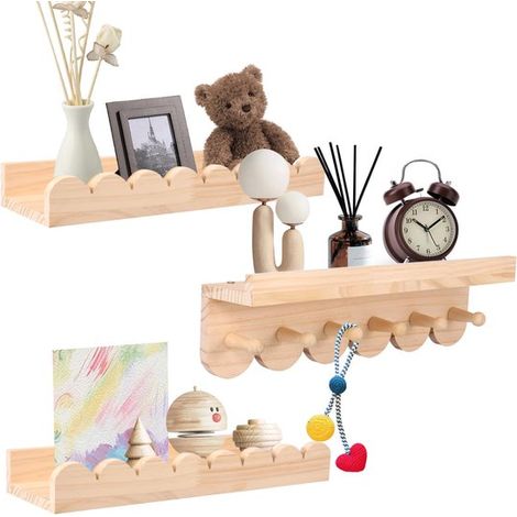 Set di 3 mensole in legno scanalato per la cameretta dei bambini con ganci, mensola a muro sospesa, libreria per bambini preassemblata, contenitore sospeso (1/5)