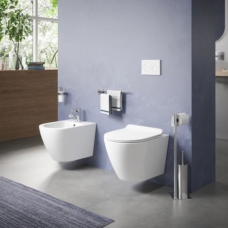 Sanitari sospesi in ceramica bianco lucido vaso tornado silent flush sedile soft close e bidet Parigi (1/3)