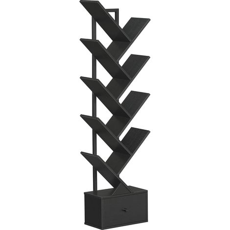 Étagère en Forme d'arbre, Bibliothèque sur Pieds à 9 Niveaux, Étagère de Rangement, pour CD, DVD, Livres, Style Rustique, pour Salon, Chambre, Bureau, Noir (1/5)