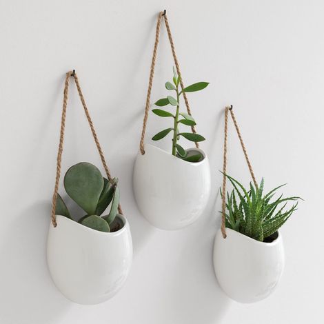 Pots de Fleurs Muraux -Ellie- Pots de Fleurs Suspendus en Céramique 3 pièces Décoration Murale pour Intérieur, Balcon et Jardin Blanc (Brillant)