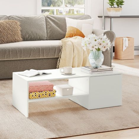 Tavolino da salotto bianco in truciolare melaminico 110 cm con piano scorrevole e vano contenitore