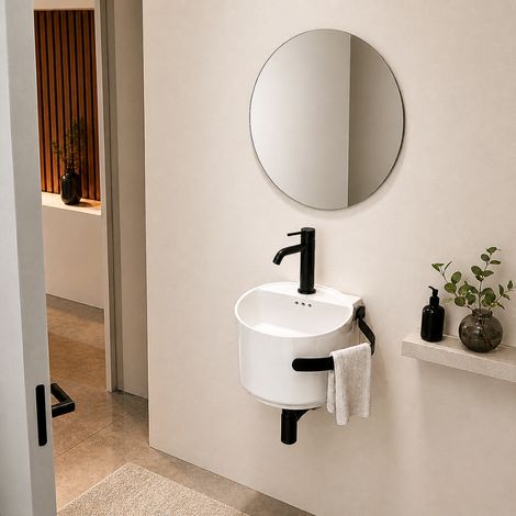 Pack lave-mains : vasque porcelaine suspendu + robinetterie et siphon + miroir
