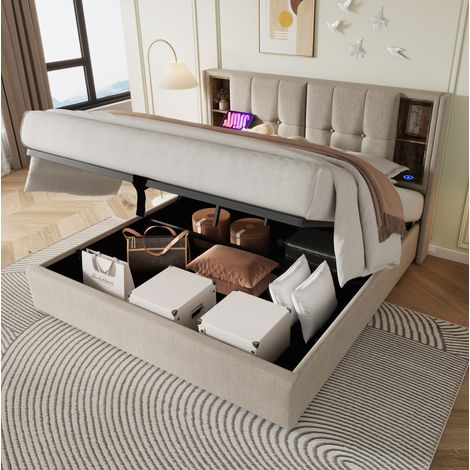 letto contenitore 140x200 ricarica wireless lino OKMYHOME (1/5)