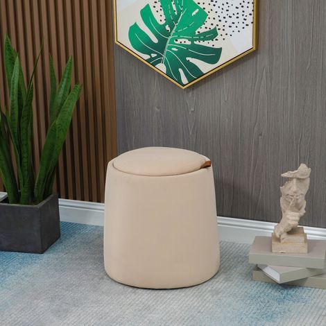 Sgabello 2 in 1 effetto velluto con vano portaoggetti e coperchio removibile Φ44 cm x 47,5 cm Beige (1/5)