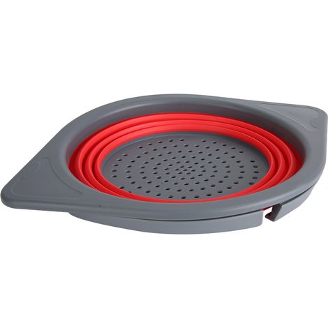 Tragbarer, zusammenklappbarer Gemüsekorb aus Silikon für die Küche, mit Ständer, rot und grau. Tragbarer Obst- und Gemüsesieb, Abtropfkorb und Waschkorb aus Silikon mit Ständer. (1/5)