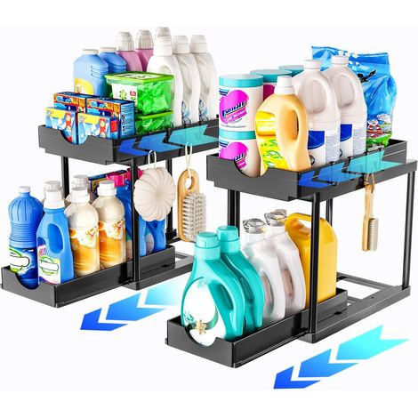 Lot de 2 Rangement sous Évier - 2 Niveaux Organisateur sous evier Cuisine, Tiroir Coulissant Cuisine, Rangement Et Organisation De Cuisine, Noir (1/5)