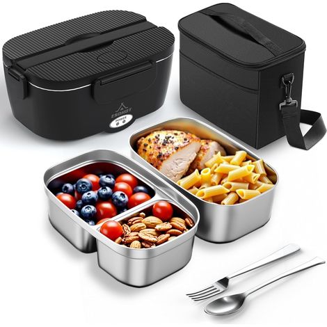 Gamelle Chauffante,120W Lunch Box Chauffante Modèle de Chauffage Ultra-Rapide 12V/24V/230V Boite Chauffante Repas pour Voyages,Travail,Bureau,Voiture,Camion (1,5L x 2) (1/5)