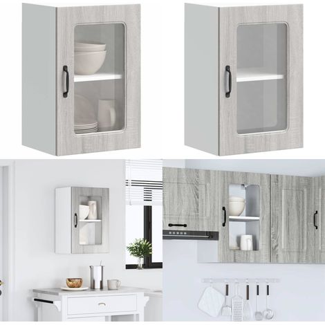 Armario de cocina de pared con puerta de cristal "Kalmar" de, madera de ingeniería Sonoma gris - Armario cocina - Armario de cristal