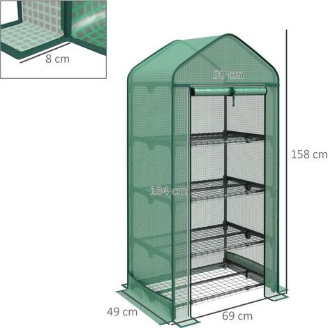 Petite serre vert foncé 69x49x158cm 4 niveaux, porte enroulable métal PE pour plantes (1/4)
