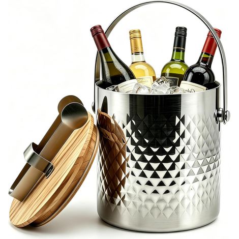 3L Seau à Glace en Acier Inoxydable, Seau à Glace Isotherme en Acier Inoxydable, Double Bac à Glaçons avec Couvercle et Pinces, pour bière, le champagne, le vin et les fruits, pour bars, fêtes, maison (1/5)