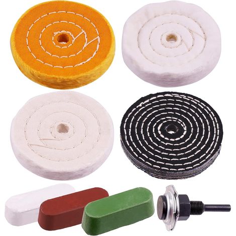 Juego de 7 discos de pulido de 10,2 cm con 3 compuestos de pulido y un vástago de broca de 6,35 mm, algodón blanco (50 capas), franela (30 capas), discos de mezclilla para amoladora de banco (1/5)