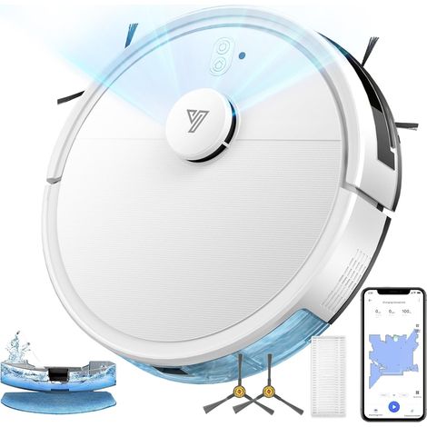 2 en 1 Robot Aspirateur Cartographie Jusqu'à 5000 Pa Navigation LiDAR Automatique 120 Mins, Zone interdite, WiFi/App/Voix, Évitement Intelligent d'obstacles Idéal Pour les Poils d'animaux, Blanc (1/5)