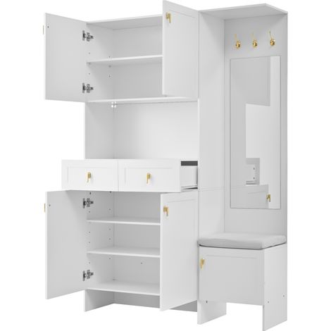Mueble de recibidor con zapatero, banco y armario, blanco, 120 x 33,5 x 180 cm (1/5)