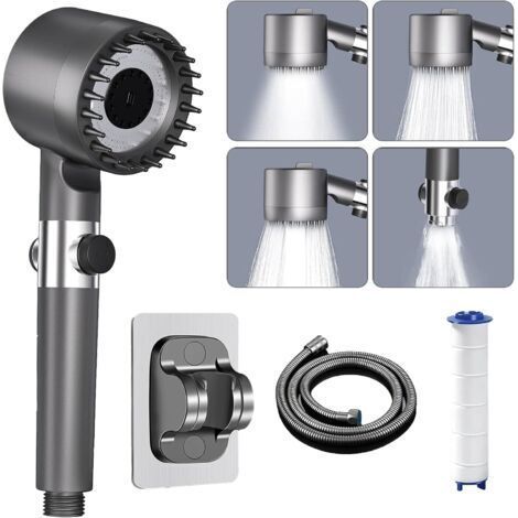 Pommeau de Douche Haute Pression, Pommeau Douche avec Filtre Anti Calcaire, avec Tuyau 1.5M et Support de Douche, Douchette Economie Deau 4 Types de Jets avec Bouton D'arrêt D'eau, Gris argenté (1/5)