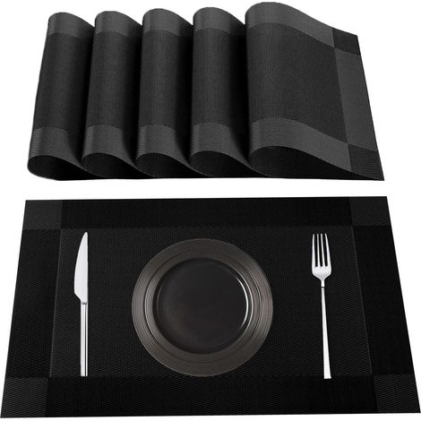 Sets de Table Lavables, Lot de 6 Set de Table en 70% PVC et 30% Polyester, Antidérapant, Résistant à la Chaleur,Noir