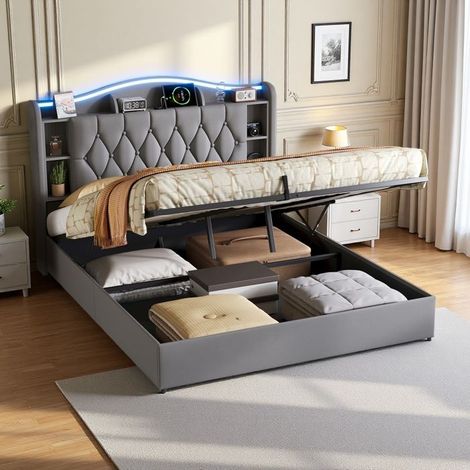 Cama con cofre - 140x200 hidráulica - Terciopelo gris capitoné - LED RGB 60 000 colores - Carga inalámbrica 15W
