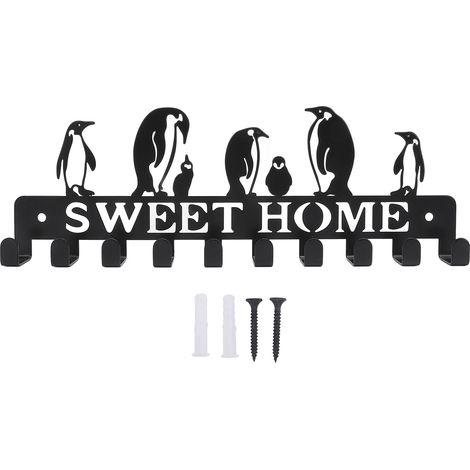 Porte-clés mural 10 crochets en fer noir mat avec vis et chevilles, organisateur robuste pour entrée, style moderne Sweet Home (1/5)