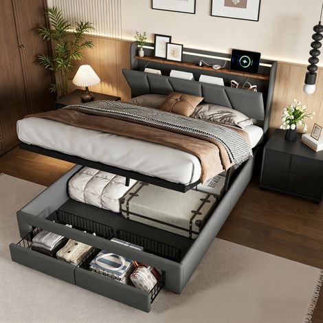 Polsterbett 140 x 190 cm, Hydraulisches Bett mit LED und USB-Ladefunktion, modern Doppelbett mit Stauraum und Kopfteil, Bettgestell mit Lattenrost, Leinen Grau, Ohne Matratze (1/5)