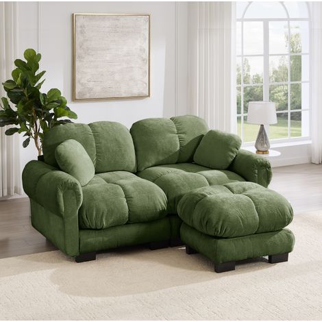 Divano chaise longue modulare in ciniglia verde, 2 posti, 190 x 149 x 90 cm, con ottomana (1/5)