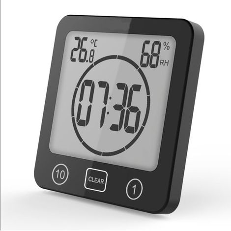 Wasserdichte Badezimmeruhr mit Countdown-Funktion, Thermometer und Hygrometer, inklusive Saugnapf – Schwarz (1/4)