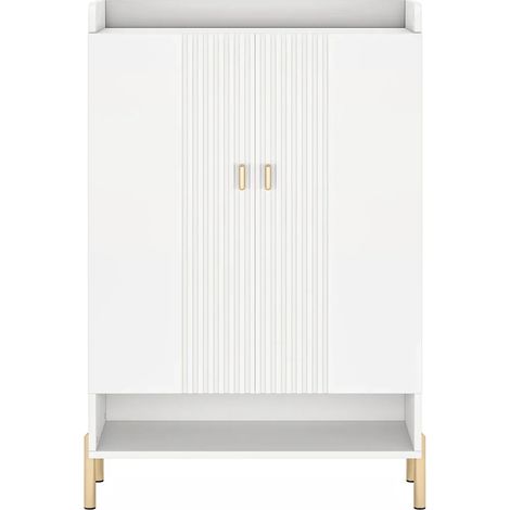Zapatero moderno blanco y dorado de 6 baldas, mueble compacto de madera y metal (1/5)
