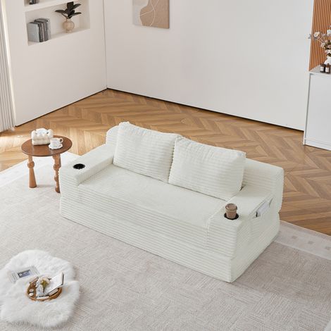 CHICFURN Canapé-lit 2-en-1 en velours côtelé beige avec porte-gobelets et rangements (1/5)
