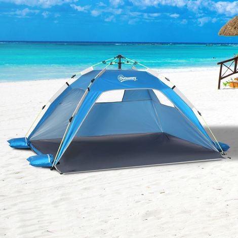 Tienda de playa plegable con puerta con cremallera, poliéster y fibra de vidrio, 220x173x120 cm, azul cielo y gris.