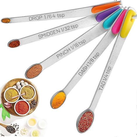 Ensemble de cuillères doseuses, mini cuillères doseuses en acier inoxydable avec manche en silicone, cuillères doseuses 1/64, 1/32, 1/16, 1/8, 1/4 c. à thé, mini cuillères doseuses (1/5)