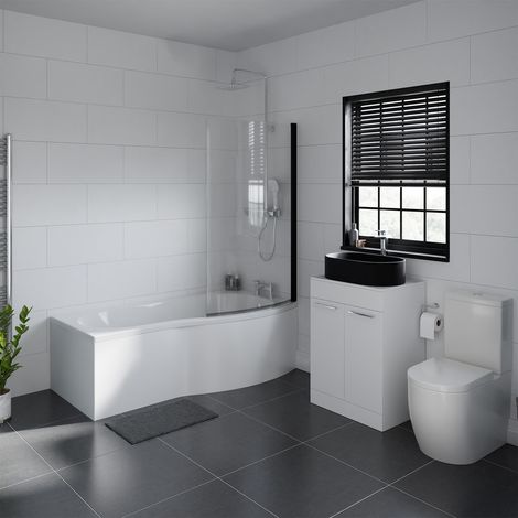 Wholesale Domestic Aster 1700mm Right Hand P Shaped Bathroom Suite including Matt Black Countertop Basin and Gloss White Vanity Unit with Polished Chrome Handles (1/5)