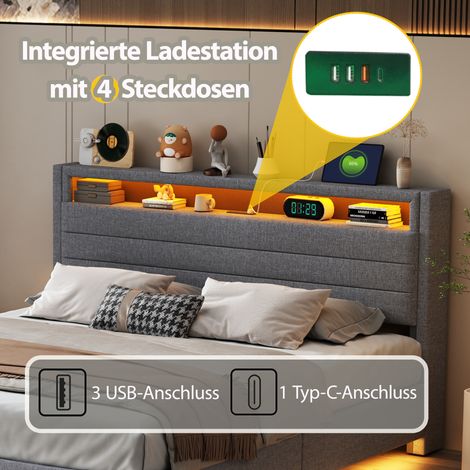 Lit coffre 160x200 cm, sommier hydraulique flottant avec rangement, tête de lit réversible, canapé-lit rembourré gris lin avec prise USB et éclairage LED, multifonctionnel (1/5)